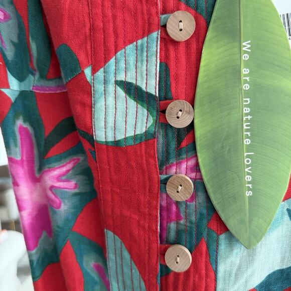 Farm Rio Dress XL Red Floral 100% Linen Tropical Summer Foliage Mini Resort - Picture 4 of 13